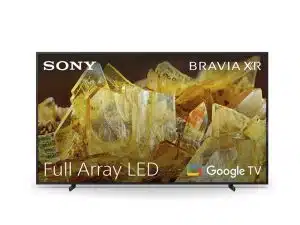 Sony Bravia XR Fernseher mit brillantem Bild: Das Produktfoto zeigt den Sony Bravia XR TV, auf dessen Display leuchtende gelbe Kristalle und der Schriftzug "Full Array LED" zu sehen sind. Unten rechts ist das Google TV Logo abgebildet. Jetzt kaufen oder mieten - ideal für Ihr Zuhause.