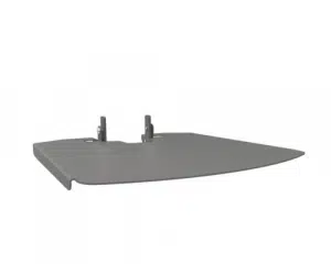 Laptop-Halterung für SmartMetals 65" Designständer: Graue, flache Dreieckplatte mit zwei senkrechten Halterungen auf der Rückseite. Die Halterung bietet sicheren Halt für Laptops am SmartMetals Standfuß - perfekt zum Mieten und für flexible Raumgestaltung geeignet.