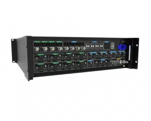 Produktbild des Seamless Switcher PIXELHUE P20-DS im Flightcase: Zu sehen ist das schwarze Rackmount-Gerät (Neuware) mit zahlreichen Ports, Anschlüssen und Schaltern an der Vorderseite sowie einer markanten blauen Netzbuchse rechts - ideal für professionelle Video- und Signalumschaltung, jetzt zum Kauf verfügbar.