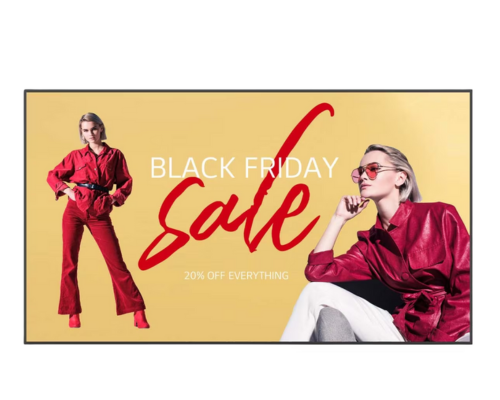 Modebewusste Frau in rotem Outfit steht vor gelbem Hintergrund; daneben auffällige weiße und rote Schrift: "Black Friday Sale - 20% auf alles - jetzt mieten oder kaufen und sparen". Werbebild für Black-Friday-Angebote bei Damenmode.