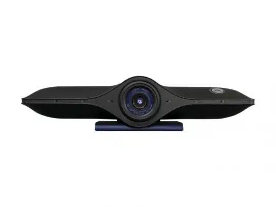 Legamaster AGORA All-in-One Video-Soundbar (Neuware) mit zentraler Linse und flachem, modernem Design, auf blauem Standfuß platziert; das Legamaster-Logo ist rechts sichtbar - perfekt für professionelle Videokonferenzen, zum Kaufen oder Mieten.