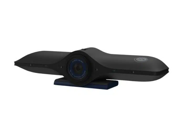 Video-Soundbar Legamaster AGORA All-in-One, elegante schwarze Webcam mit gebogenem Design, zentraler Kameralinse und markant blauem Standfuß; ideal zur Monitor- oder Tischmontage - Neuware.