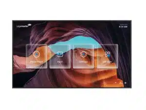 Das Produktbild zeigt das 55-Zoll Professional Display Legamaster DISCOVER 2 DIS-5510 (Neuware) mit einem übersichtlichen Bildschirmmenü vor einer Canyon-Landschaft. Auf dem Display sind die Optionen Media Player, Input, Settings und All Apps sichtbar sowie Datum und Uhrzeit (8:34 AM, 26/10/2022). Ideal für Präsentationen und professionelle Anwendungen.