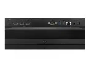 Rückansicht des Legamaster DISCOVER 2 DIS-5510 55 Zoll Professional Displays (Neuware), Nahaufnahme der Anschlüsse: USB, HDMI In/Out, RS232, LAN, Stereo-Miniklinke und Audio Out - ideal zum Kaufen oder Mieten. Perfekt für professionelle Anwendungen und Konferenzen.