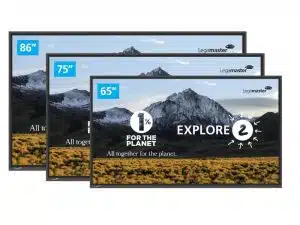 65 Zoll Touchdisplay Legamaster EXPLORE 2 EXP-6510 (Neuware), zeigt eine gestochen scharfe Berglandschaft auf dem Bildschirm sowie die Logos "EXPLORE", "1% FOR THE PLANET" und Legamaster; interaktives Display zum Kaufen oder Mieten, ideal für Präsentationen und Konferenzen.