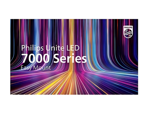 Digitalanzeige des Philips Unite LED 7000 Series Easy Mount Bildschirms, umgeben von geschwungenen, bunten Neonlicht-Streifen; im rechten oberen Eck das Philips Logo. Das Produkt ist zum Kaufen oder Mieten erhältlich.