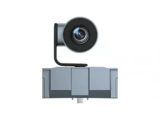 Frontansicht der modernen Videokonferenzkamera mit rundem Objektiv auf rechteckigem Sockel, perfekt geeignet zum Mieten oder Kaufen; das Produkt ist vor weißem Hintergrund abgebildet.