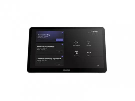 Yealink MTouch Plus 11.6" Touch Console (Neuware) zeigt die Microsoft Teams Oberfläche mit Meeting-Zeiten, Optionen zum Beitreten oder Starten von Meetings, Präsentationswerkzeugen und Wähltastatur - modernes Touch-Panel für Unternehmen zur einfachen Steuerung von Videokonferenzen.