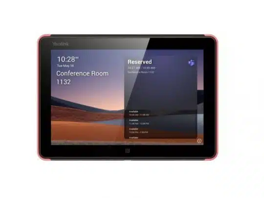 Yealink RoomPanel Meeting Room Management Touch Panel zeigt auf einem Farbdisplay den aktuellen Konferenzraum-Zeitplan mit einer Reservierung von 10:27 bis 10:45 Uhr, Landschaftshintergrund und Yealink-Logo; ideal zur Raumbuchung in Unternehmen - Produktneuheit für Kauf oder Miete.