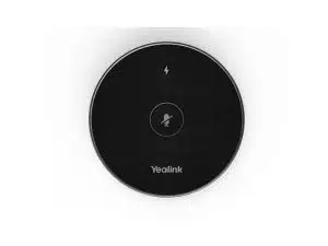 Rundes, schwarzes drahtloses Mikrofon Yealink VCM36-W (Neuware), von oben auf weißem Hintergrund fotografiert; in der Mitte sind ein Mute-Symbol und ein Blitz-Symbol zu sehen. Ideal zum Mieten oder Kaufen für Meetings und Telefonkonferenzen.