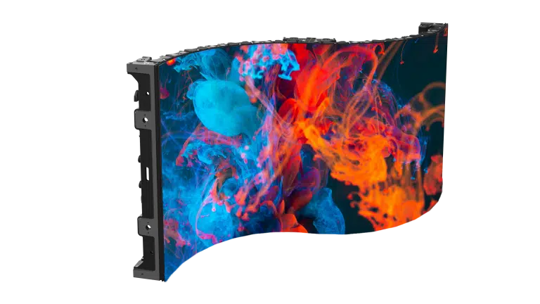 Ein großes, gebogenes LED-Wandmodul 3,9 mm – Unilumin URMIII 03 MK2 Pro Flex XS (Neuware) zeigt leuchtende, wirbelnde blaue, rote und orange Wolken auf dunklem Hintergrund; eine Seitenansicht hebt die Struktur und Tiefe des Panels hervor.