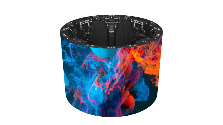 Ein zylindrisches LED-Stabmodul 3,9 mm – Unilumin URMIII 03 MK2 Pro Flex XS – zeigt auf seiner Seite ein leuchtend blaues und orangefarbenes Wirbelmuster, während eine schwarze offene Oberseite den Blick auf ein detailliertes mechanisches Innenleben freigibt.