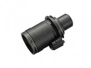 Panasonic ET-D3LES20 Standard-Zoom Wechselobjektiv in Schwarz mit Zoomring, Griff und goldfarbenem Akzent, schräg auf weißem Hintergrund dargestellt; inklusive angeschlossenem Elektronikmodul - ideales Mietobjektiv für professionelle Projektionen.