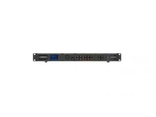 Frontansicht des All-In-One LED-Controllers NovaStar VX1000 Pro (Neuware) - schwarzes, rack-montierbares Gerät mit Tasten, Drehreglern, Displays sowie Ein- und Ausgängen. Produkt steht isoliert vor weißem Hintergrund. Jetzt kaufen oder mieten.