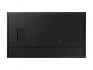 Rückansicht des Samsung QM43C 43 Zoll 4K UHD Signage Displays; das schwarze Display zeigt eine strukturierte Oberfläche mit mehreren rechteckigen Anschluss-Panels - perfekt für den flexiblen Mieteinsatz.