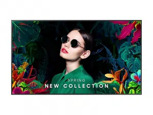 Samsung QM43C 43 Zoll 4K UHD Signage Display mit Werbemotiv - Das Display zeigt eine Frau mit Sonnenbrille und grünem Outfit vor dunklem Hintergrund mit tropischen Blättern. Unten ist der Text "Spring New Collection - jetzt mieten oder kaufen" zu sehen. Ideales Digital-Signage-Display für Werbung und Präsentationen.