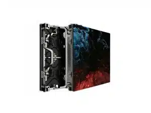 Ein teilweise geöffnetes LED-Wandmodul 2,6 mm – Unilumin URMIII 2.6 MK2 Pro B2 (Neuware) zeigt seine internen Komponenten, während die Vorderseite ein lebendiges abstraktes Design mit wirbelnden blauen und roten Farben zeigt.