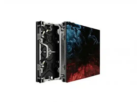 Ein teilweise geöffnetes LED-Wandmodul 2,6 mm – Unilumin URMIII 2.6 MK2 Pro B2 (Neuware) zeigt seine internen Komponenten, während die Vorderseite ein lebendiges abstraktes Design mit wirbelnden blauen und roten Farben zeigt.