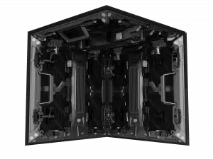 Die Nahaufnahme der Innenecke eines Geräts zeigt zwei vertikale Metalleinheiten mit Verkabelung und Schrauben, wahrscheinlich Teil des Unilumin URMIII 03 MK2 Pro 45° XC Modul LED Wand Modul 3,9 mm (0,50 x 0,50 m). Schwarzer Hintergrund.
