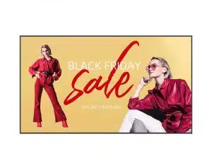 Werbebanner für Black Friday Sale mit zwei Bildern einer Frau in roter Kleidung vor beigem Hintergrund. Große rote Schrift liest "Black Friday Sale", darunter steht in Weiß "20% auf alles". Das Banner kündigt einen 20%-Rabatt auf alle Artikel zum Black Friday an.