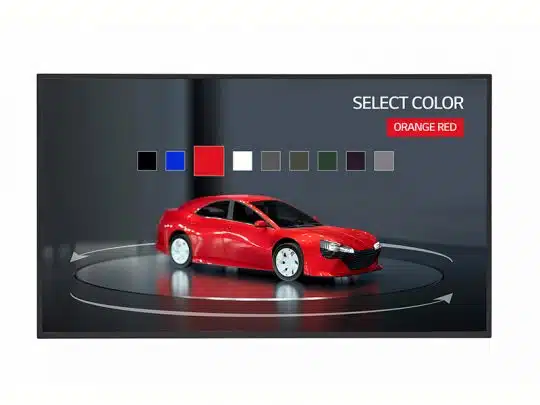 Digitales Display mit der Abbildung eines roten Autos und einem Farbauswahlmenü darüber. Im Menü sind mehrere Autolackfarben wie Schwarz, Blau, Weiß, Rot und weitere sichtbar; die aktuelle Auswahl ist Orange Rot hervorgehoben. Das Bild zeigt eine typische Benutzeroberfläche zur Farbwahl bei Konfiguratoren für Autos.