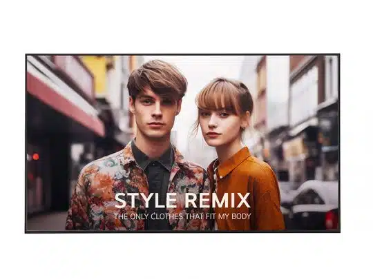Ein junger Mann und eine junge Frau stehen nebeneinander auf einer Stadtstraße und tragen modische, gemusterte Kleidung der Marke STYLE REMIX. Auf dem Bild steht der Slogan: "STYLE REMIX - THE ONLY CLOTHES THAT FIT MY BODY". Die beiden Models präsentieren selbstbewusst die individuell passenden Outfits.
