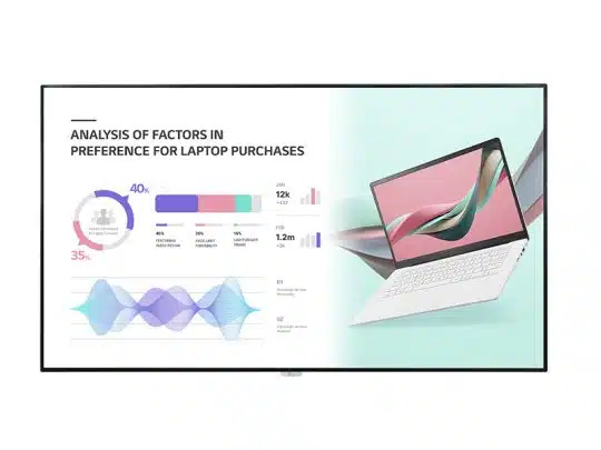 Produktbild-Alt-Text: Display mit der Überschrift "Analysis of Factors in Preference for Laptop Purchases" zeigt links farbige Diagramme (Tortendiagramm, Balkendiagramm, wellenförmiges Liniendiagramm) und rechts ein Bild eines Laptops; ideal zur visuellen Darstellung von Laptop-Kaufpräferenzen und Analysedaten.