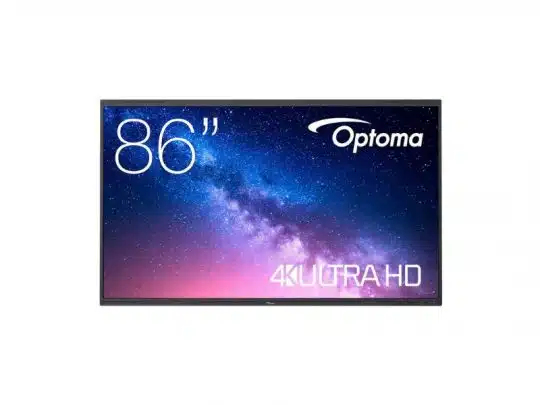 Optoma 86 Zoll 4K Ultra HD Fernseher - Flachbildschirm mit großem "86"-Schriftzug, Optoma-Logo und "4K ULTRA HD" auf dem Display vor einem farbenfrohen Sternenhimmel.