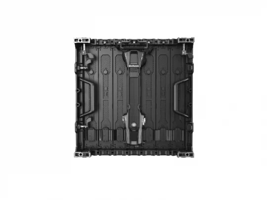 Schwarzer Metallrahmen des LED Wand Moduls 3.9mm Unilumin URMIII 03 MK2 Pro Flex XS, rechteckig mit Verstrebungen, von oben.