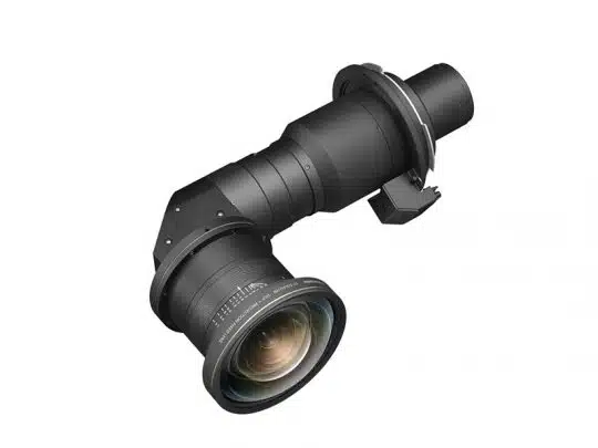 L-förmiger, schwarzer Weitwinkel-Kameraaufsatz mit großem Glaselement und Metallteilen - hochwertiges Objektiv-Zubehör für professionelle Fotoausrüstung.