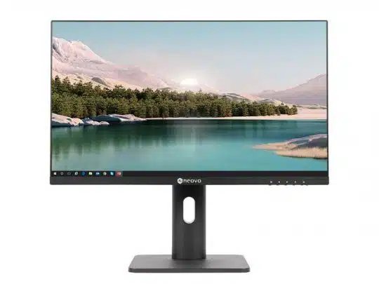 Dell UltraSharp Computer-Monitor mit dünnem schwarzen Rahmen auf rechteckigem schwarzen Standfuß; auf dem Bildschirm ist eine detaillierte Landschaft mit See, Bäumen und Bergen unter klarem Himmel zu sehen. Ideal für Büro oder Homeoffice, modernes Design.