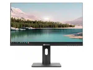 Computer-Monitor mit dünnem Rahmen auf rechteckigem Standfuß, zeigt ein landschaftliches Wallpaper mit See, Bäumen und Bergen unter klarem Himmel. Ideal als Büro- oder Gaming-Monitor.