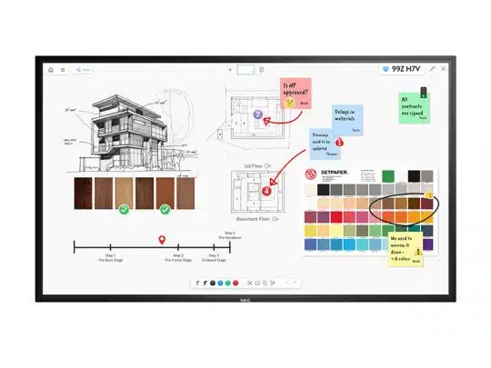 Digitales Whiteboard für Architektur- und Designplanung, auf dem Architekturskizzen, Holzproben, Farbpaletten, handgeschriebene Notizen und Pfeile zu sehen sind - ideal zur Zusammenarbeit in kreativen Planungsprozessen.