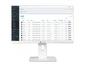 Weißer Computerbildschirm mit geöffneter Patientenverwaltungssoftware: Auf dem Bildschirm ist ein modernes Dashboard zu sehen, das eine Liste von Patientennamen, Avataren, E-Mail-Adressen und Termindaten sowie Aktionsschaltflächen übersichtlich darstellt. Ideal zur Verwaltung von Patientendaten in einer medizinischen Praxis.