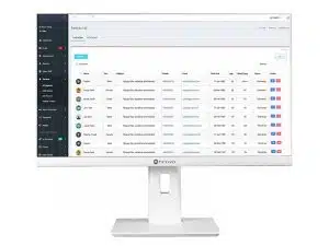 Das Produktbild zeigt einen weißen Neovo Desktop-Monitor, auf dessen Bildschirm eine Patientenlisten-Software angezeigt wird. Die Benutzeroberfläche enthält Spalten für Name, E-Mail, Telefon, Status und Details der Patienten. Am linken Rand befindet sich ein Seitenmenü mit den Optionen "Dashboard" und "Patientenverwaltung".