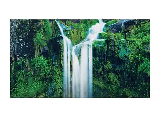 Produktbild von "Lush Green Cliff Waterfall": Das Bild zeigt eine üppig bewachsene grüne Felswand mit Moos und Pflanzen, an der ein sanfter Wasserfall in drei Hauptströmen herabfließt. Die Szene vermittelt eine ruhige, natürliche Atmosphäre.