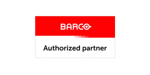 BARCO Authorized Partner Abzeichen: Rotes Rechteck mit weißem BARCO Logo oben, unten "Authorized Partner" in schwarzer Schrift.