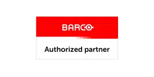 BARCO Authorized Partner Abzeichen: Rotes Rechteck mit weißem BARCO Logo oben, unten "Authorized Partner" in schwarzer Schrift.