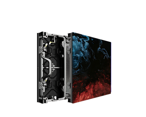 Unilumin URMIII 03 MK2 Pro LED-Panel, vorne mit abstrakten Farben, hinten mit sichtbaren Bauteilen und Rahmen.