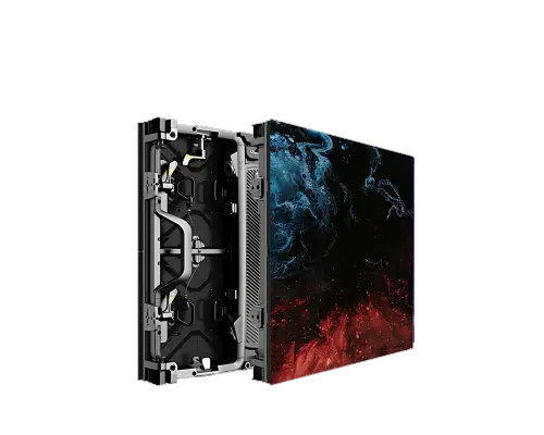 Unilumin URMIII 03 MK2 Pro LED-Panel, vorne mit abstrakten Farben, hinten mit sichtbaren Bauteilen und Rahmen.