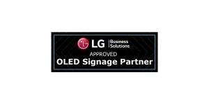 Rechteckiges LG-Logo-Badge auf schwarzem Hintergrund mit Text: "LG Business Solutions APPROVED OLED Signage Partner".