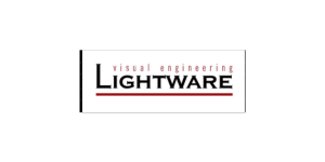 Lightware Logo: Schwarzer Schriftzug "LIGHTWARE" in Großbuchstaben mit rotem Unterstrich, darüber klein "visual engineering".