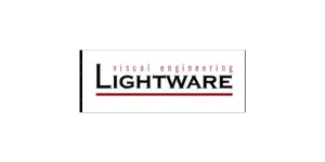Lightware Logo: Schwarzer Schriftzug "LIGHTWARE" in Großbuchstaben mit rotem Unterstrich, darüber klein "visual engineering".