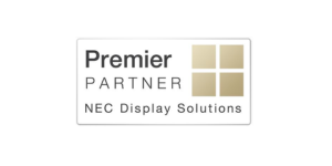 NEC Display Solutions Premier Partner Logo mit vier goldenen Quadraten auf weißem Hintergrund. Produktbild für Partnerprogramm.