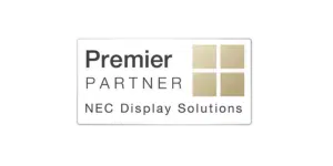 NEC Display Solutions Premier Partner Logo mit vier goldenen Quadraten auf weißem Hintergrund. Produktbild für Partnerprogramm.