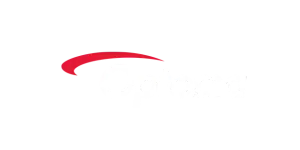 Optoma Logo: Weißer Schriftzug "Optoma" mit rotem Bogen über dem O auf hellgrauem Hintergrund.