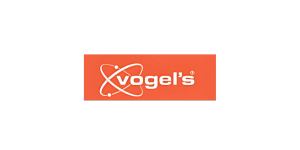 Vogels Logo: Oranges Rechteck mit weißem Schriftzug "vogels", umgeben von einem weißen, atomähnlichen Orbit-Design.