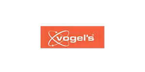 Vogels Logo: Oranges Rechteck mit weißem Schriftzug "vogels", umgeben von einem weißen, atomähnlichen Orbit-Design.