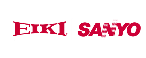 Produktbild: EIKI und SANYO Logos in kräftigem Rot auf Weiß, ideal für Projekte mit Wechseloptiken; EIKI geschwungen, SANYO mit Schrägstrichen im N.