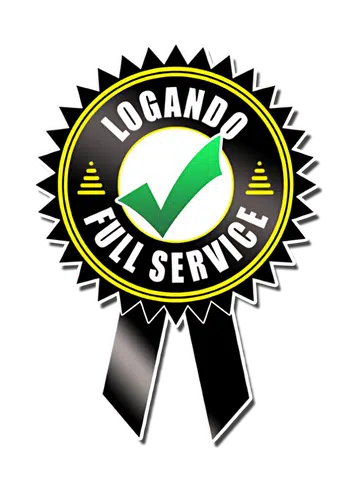 LOGANDO FULL SERVICE Abzeichen: Schwarzes und gelbes Band mit grünem Haken in der Mitte, steht für geprüften Logando Service.